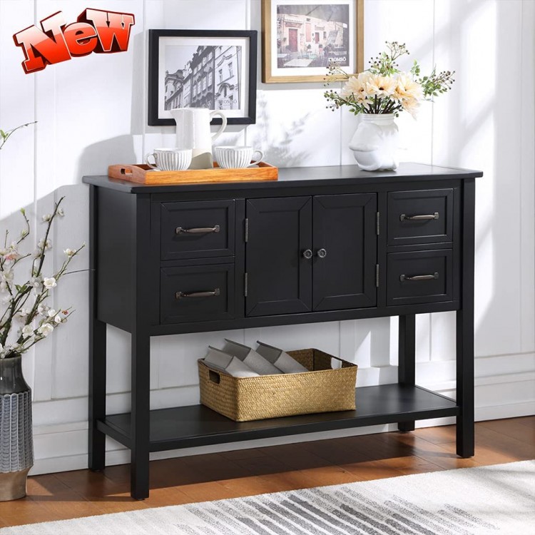 DANGRUUT Elegant Farmhouse Thicken Solid Wood Buffet Sideboard with Door Cabinet Storage Drawers Bottom Shelf 43'' Rustic Accent Console Table Buffet Serving Cabinet for Entryway Kitchen Black