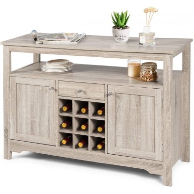 Giantex Buffet Server Sideboard Console Table Wood Dining Table Cupboard Table with 2 Cabinets 1 Drawer and 9 Wine Cabinets Storage Organizer Kitchen and Dining Room Gray