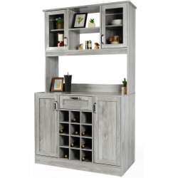 LAZZO Kitchen Buffet with Hutch Kitchen Hutch Sideboard Buffet Cabinet with Wine Rack Drawer Glass Door Freestanding Kitchen Pantry Storage Cupboard with Open Shelves & Countertop for Home Hallway