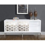 Meridian Furniture Zoey Collection Modern | Contemporary Mirrored Sideboard Buffet Rich Chrome Stainless Steel Base White Laquer Finish 64" W x 18" D x 31" H Cabinet