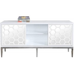 Meridian Furniture Zoey Collection Modern | Contemporary Mirrored Sideboard Buffet Rich Chrome Stainless Steel Base White Laquer Finish 64" W x 18" D x 31" H Cabinet