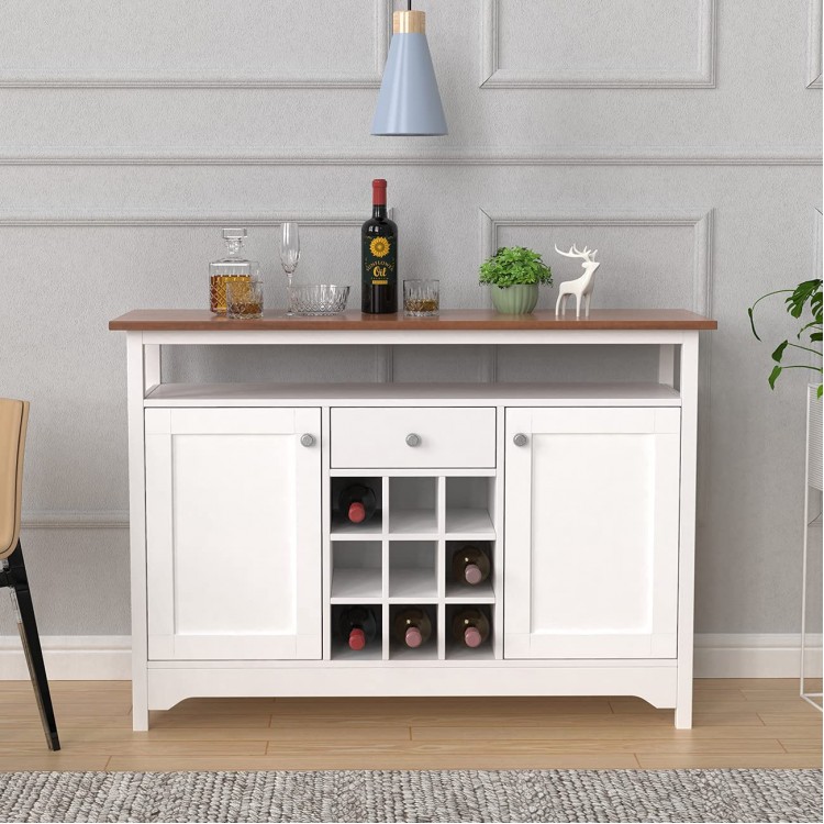 RVEE Wooden Wine Cabinet with Storage Modern Buffet Server Sideboard with 2 Door Cabinets 9 Wine Cabinets Wine Display for Kitchen Room Kitchen Bar Storage Cabinet Cupboard White