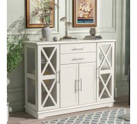 Sideboard Buffet Storage Cabinet with Drawers Dining Room Buffet Table Server with Tempered Glass Doors White Console Cabinet for Living Room Kitchen Dining Room Entryway