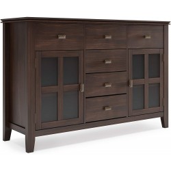 SIMPLIHOME Artisan Solid Pine Wood 54 inch Contemporary Sideboard Buffet Credenza in Dark Chestnut Brown features 2 Doors 6 Drawers and 2 Cabinets with Large storage spaces