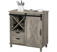 VINGLI Farmhouse Barn Door Wine Cabinet Home Bar Furniture w Removable X-Shaped Wine Rack Rustic Mini Buffet Sideboard Accent Storage Cabinet with 2 Drawers Wash Grey