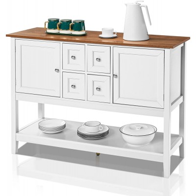 VINGLI Sideboard Buffet Cabinet Kitchen Console Table Wood Storage Cabinet with Storage Shelf 4 Drawers & 2 Cabinets Modern Coffee Bar Cabinet with Wood Grain Tabletop 46" x 15" x 34" White Smoke