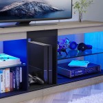 Bestier RGB TV Stand for 65+ Gaming Entertainment Center Gaming LED TV Media Console Table with 2 Glass Shelf PS Gaming TV Cabinet for Living Room Gray Wash