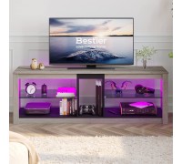 Bestier RGB TV Stand for 65+ Gaming Entertainment Center Gaming LED TV Media Console Table with 2 Glass Shelf PS Gaming TV Cabinet for Living Room Gray Wash