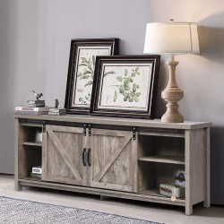 Farmhouse TV Stand Sliding Barn Door Wood Entertainment Center Living Room Storage Cabinet Media Console w Doors and Shelves TV's up to 65" Rustic Gray Wash