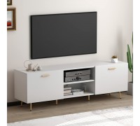 Homsee Modern TV Stand for TVs up to 75 Inch Entertainment Center TV Console Table with 2 Doors 2 Open Shelves & Gold Metal Legs for Living Room Bedroom White 69”L x 15.6”W x 22.4”H