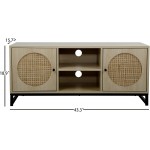 Industrial Modern TV Stand Entertainment Cabinet Natural Console with Rattan 2 Magnetic Door Media Furniture 2-Tier Open Storage Shelf Storage Console Table Metal Bracket Natural