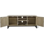 Industrial Modern TV Stand Entertainment Cabinet Natural Console with Rattan 2 Magnetic Door Media Furniture 2-Tier Open Storage Shelf Storage Console Table Metal Bracket Natural