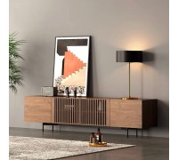 Modern Solid Wood TV Stand Farmhouse Entertainment Center for 75 80 85 Inch TV Slatted Media Console TV Cabinet with Tall-cast Metal Legs Walnut Veneer Fully-Assembled 70"