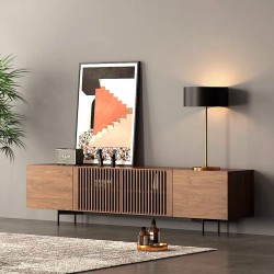Modern Solid Wood TV Stand Farmhouse Entertainment Center for 75 80 85 Inch TV Slatted Media Console TV Cabinet with Tall-cast Metal Legs Walnut Veneer Fully-Assembled 70"