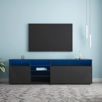 Pouseayar LED TV Stand Entertainment Center up to 90 Inch TV with Color Change Lighting,Media Console Modern TV Stand with Storage,Large Size & High Gloss Door Smart Modern TV for Living Room Black