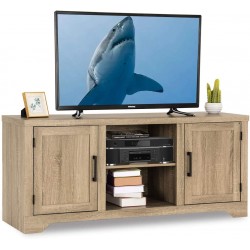 Tangkula Farmhouse Barn Wood TV Stand for TVs up to 65 Inches Universal TV Storage Cabinet with Doors and Shelves Ideal for Home Living Room Natural Design