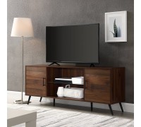 Walker Edison Saxon Mid Century Modern Glass Shelf TV Stand for TVs up to 65 Inches 60 Inch Walnut