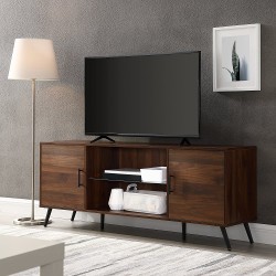 Walker Edison Saxon Mid Century Modern Glass Shelf TV Stand for TVs up to 65 Inches 60 Inch Walnut