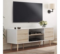 WAMPAT Mid-Century Modern TV Stands for TVs up to 60 '' Flat Screen Wood Media Console Table with Doors Home Entertainment Center for Living Room White Oak