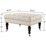 24KF Large Square Upholstered Tufted Button Linen Ottoman Coffee Table  Large Footrest Bench with Caters Rolling Wheels-Ivory