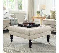 24KF Large Square Upholstered Tufted Button Linen Ottoman Coffee Table  Large Footrest Bench with Caters Rolling Wheels-Ivory