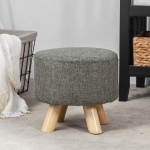 Asense Round Ottoman Foot Rest Stool Linen Fabric Padded Seat Pouf Ottoman with Non-Skid Wooden Legs