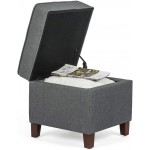 Asense Square Storage Ottoman Linen Fabric Cube Foot Rest Stool with Wooden Legs Dark Grey