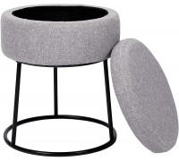 BirdRock Home Grey Linen Storage Stool Ottoman with Black Base Vanity Seat Soft Compact Round Padded Seat Bedroom and Kids Room Chair Black Metal Legs Rest