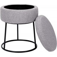 BirdRock Home Grey Linen Storage Stool Ottoman with Black Base Vanity Seat Soft Compact Round Padded Seat Bedroom and Kids Room Chair Black Metal Legs Rest