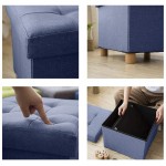 BRIAN & DANY Foldable Storage Ottoman Footrest and Seat Cube with Wooden Feet and Lid Blue 15” x15” x14.7”