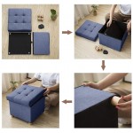 BRIAN & DANY Foldable Storage Ottoman Footrest and Seat Cube with Wooden Feet and Lid Blue 15” x15” x14.7”