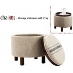 chairus Round Storage Ottoman with Tray Small Footrest with Blue Striped Lid & Wood Legs Beige