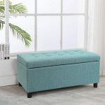 Decent Home 35 inch Wide Blue Fabric Rectangle Ottoman Bench Storage Tufted Foot Rest Stool for Bedroom
