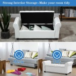 ECOTOUGE Ottoman with Storage for Living Room Leather Upholstered Bench Footrest Rolled Arm Foot Stool for Bedroom White
