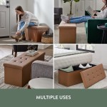 Edenbrook 43 Inch Foldable Bench Seat Storage Ottoman with Square Tufting-Foot Rest-Holds 330 lbs Camel Faux Leather