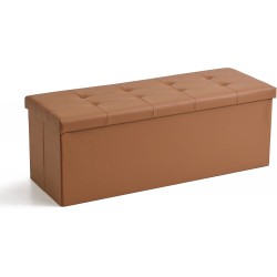 Edenbrook 43 Inch Foldable Bench Seat Storage Ottoman with Square Tufting-Foot Rest-Holds 330 lbs Camel Faux Leather