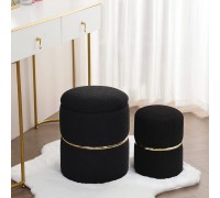 Furniliving Storage Ottoman Set of 2 Wool Curl Upholstered Footrest Stool Make Up Stool with Gold Metal Hoop Vanity Stool for Living Room Bedroom Dining Room Entrance Coffee Table Black