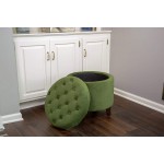 HomePop by Kinfine Fabric Upholstered Round Storage Ottoman Velvet Button Tufted Ottoman with Removable Lid Green