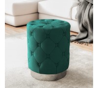 Ornavo Home Beverly Modern Contemporary Round Tufted Upholstered Velvet Ottoman with Silver Metal Base Emerald Green