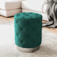 Ornavo Home Beverly Modern Contemporary Round Tufted Upholstered Velvet Ottoman with Silver Metal Base Emerald Green