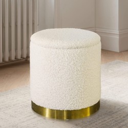 RePalbel Round Woolen Storage Ottoman Vanity Stool Upholstered Footstool with Gold Plating Base for Living Room Bedroom and Make-up Room White