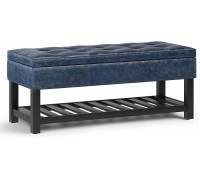 SIMPLIHOME Cosmopolitan 44 inch Wide Transitional Rectangle Storage Ottoman Bench with Open Bottom in Denim Faux Leather for Living Room Bedroom