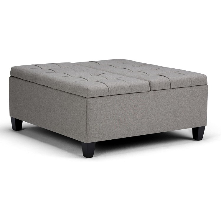 SIMPLIHOME Harrison 36 inch Wide Square Coffee Table Lift Top Storage Ottoman Cocktail Footrest Stool in Upholstered Dove Grey Tufted Linen Look Fabric for the Living Room Traditional