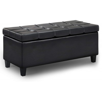 SIMPLIHOME Harrison 44 inch Wide Transitional Rectangle Lift Top Rectangular Storage Ottoman in Midnight Black Faux Leather Coffee Table for the Living Room Family Room Transitional