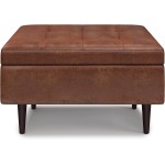 SIMPLIHOME Shay 34 inch Wide Mid Century Modern Square Mid Century Small Square Coffee Table Storage Ottoman in Distressed Saddle Brown Faux Leather for the Living Room.