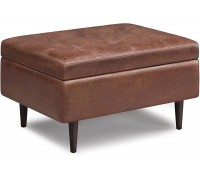 SIMPLIHOME Shay 34 inch Wide Mid Century Modern Square Mid Century Small Square Coffee Table Storage Ottoman in Distressed Saddle Brown Faux Leather for the Living Room.