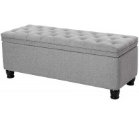 SONGMICS Storage Ottoman Bench Linen Fabric Footstool with Foam Padded Seat Solid Wood Legs 46.5" Light Gray