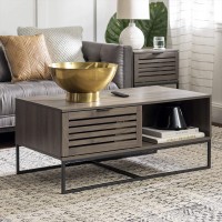 Walker Edison Modern Slatted Wood Rectangle Coffee Table with Drawer Living Room Ottoman Storage Shelf 42 Inch Slate Grey