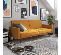 DHP Paxson Convertible Futon Couch Bed with Linen Upholstery and Wood Legs Mustard
