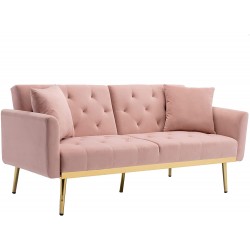 Morden Fort Velvet Futon Sofa Bed for Living Room 68" Convertible 3 Adjustable Couch Loveseat with Metal Leg Pink